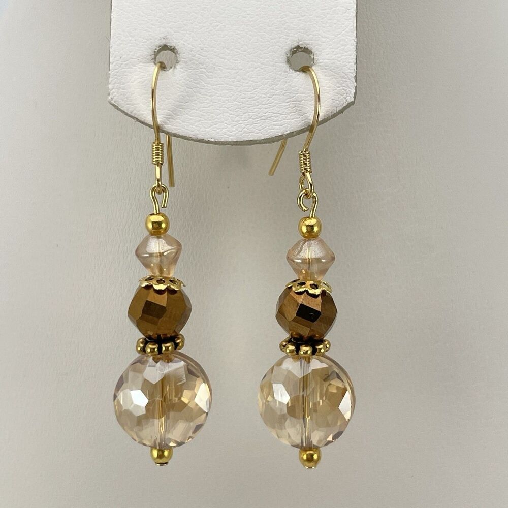 18K Gold Plated Champagne Brown Glass Beaded Dangle Earrings Artisan New